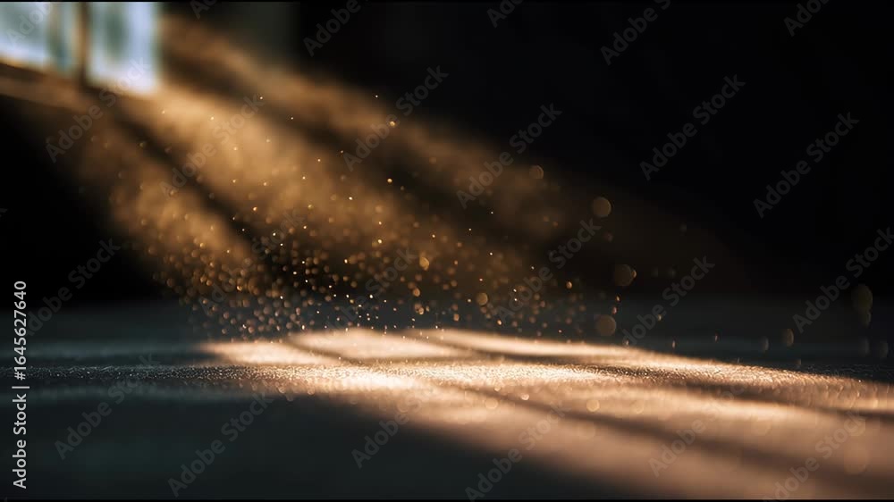 Poster light filters through window and creates shimmering dust particles in quiet room during afternoon