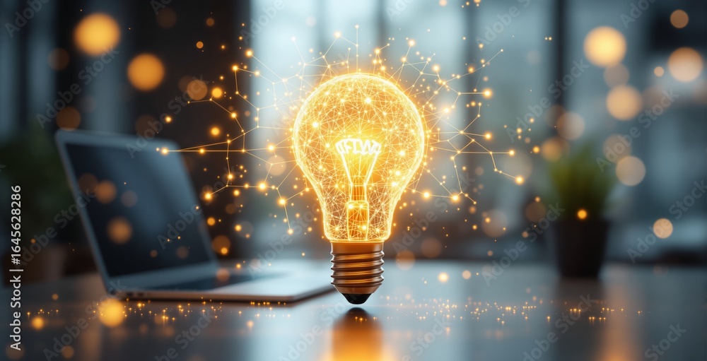 Poster glowing digital light bulb with neural network lines representing innovation and business concept in