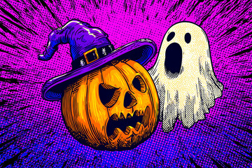 A vibrant Halloween illustration featuring a menacing pumpkin and a ghost against a colorful background