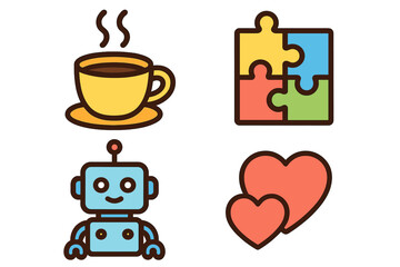 Colorful icon collection with coffee cup for break time, jigsaw puzzle for problem solving, robot for technology and AI, and hearts for love and emotion. Vector graphic set.