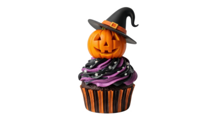 A festive Halloween cupcake with a carved pumpkin and witch's hat decoration, isolated on white.