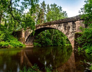 Stone arch bridge spanning a calm river, reflected in the still water, surrounded by lush green foliage