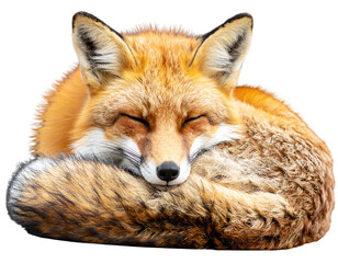 Fototapeta premium Sleepy Red Fox Curled on Its Side, Front View, Isolated on Transparent Background