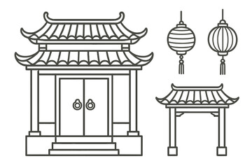 Chinese architectural elements set. Traditional asian building, temple, pagoda, gate and lantern icons. Oriental culture symbols. Simple black line art vector illustration.