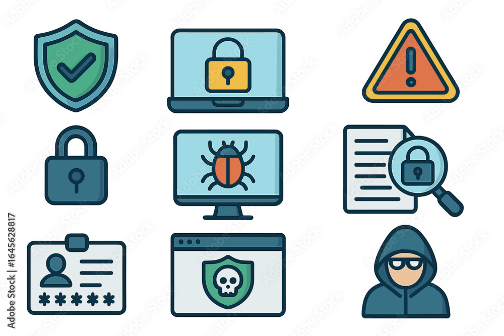 Poster cybersecurity icon set. hacker, virus, and data protection symbols. internet security and privacy co