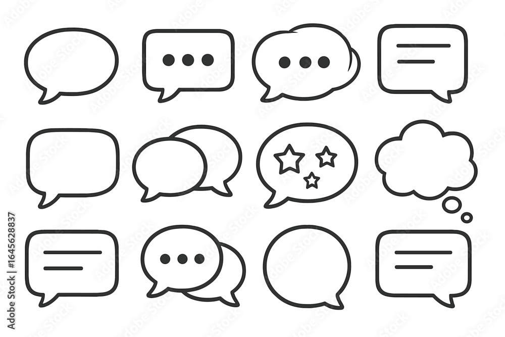 Poster speech bubble icon set for communication and dialogue. vector line art collection. chat, message, ta
