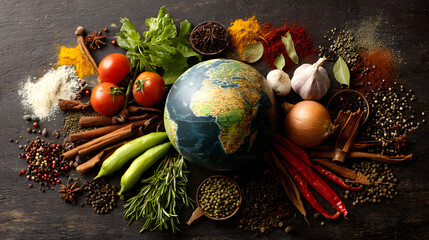 Globe surrounded by assorted vegetables and spices representing global cuisine and food diversity