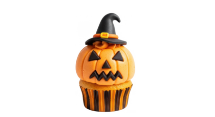 A festive Halloween cupcake, shaped like a carved pumpkin, wearing a witch's hat, isolated on white.