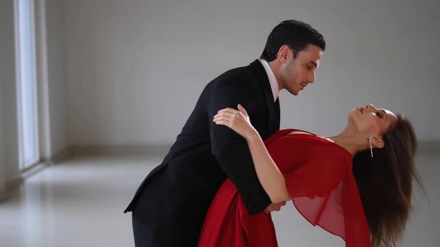 Elegant tango dancers performing a deeply connected dip, revealing passionate movement and artistic partnership within pristine white studio environment