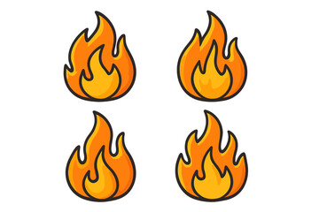 Fire flame icon collection. Cartoon vector illustration set. Symbol of heat, burn, hot, danger, and energy. Bonfire logo element. Flat design graphic clipart isolated.