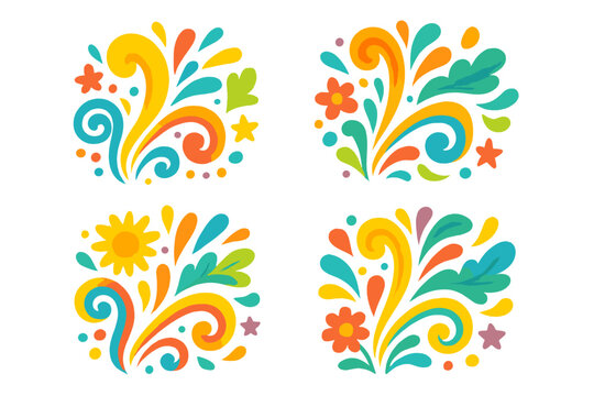 Set of colorful abstract decorative elements. Vector cartoon illustrations with swirls, flowers, stars. Vibrant joyful creative concept for celebration, party, festival design.
