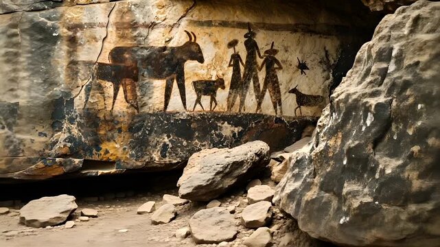 Acoma cave painting featuring a group of figures and animals, including a donkey and a deer, set against a backdrop of a rocky landscape. The figures are painted in dark, earthy tones.