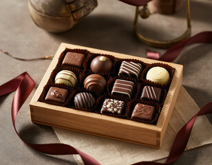 Assortment of gourmet chocolates in a wooden box with satin ribbons