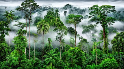 Obraz premium Misty Rainforest Morning Panorama with Mountain Mist and Sunlit Treetops 