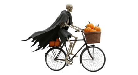 A skeletal figure, cloaked in black, rides a bicycle carrying pumpkins.