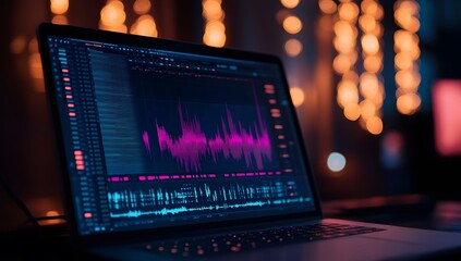 A close-up of an open laptop with sound waves on the screen, surrounded by various music production software and headphones,