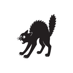 Scared black cat with arched back isolated on white background, a spooky halloween illustration