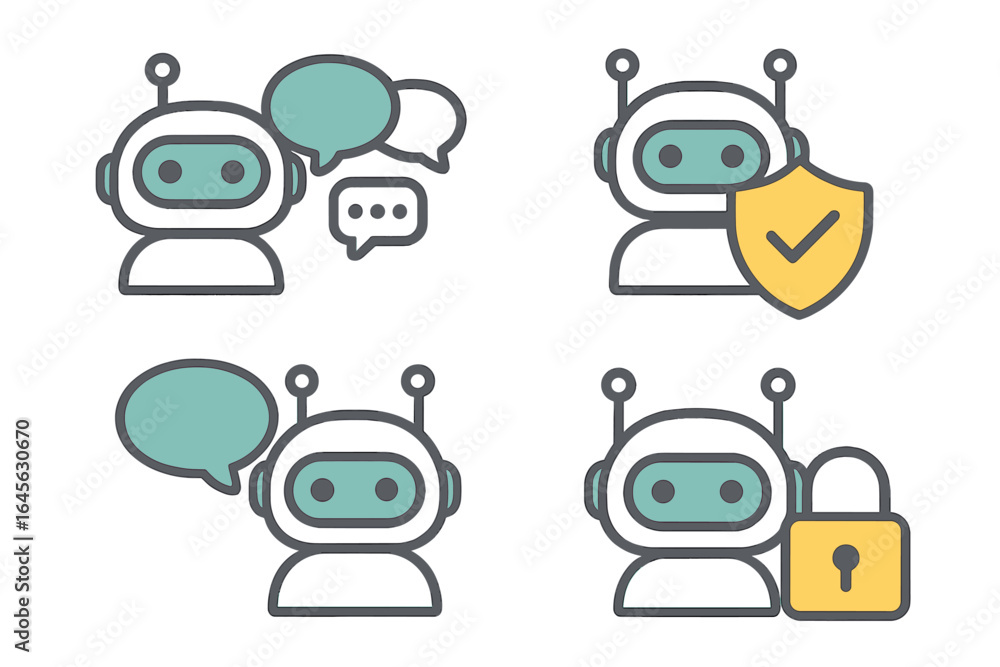 Aufkleber chatbot robot icon set. ai customer support assistant and online communication technology. secure ch