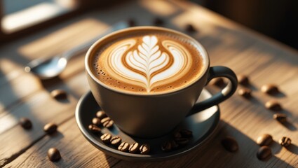 A latte art design in a dark gray coffee cup.