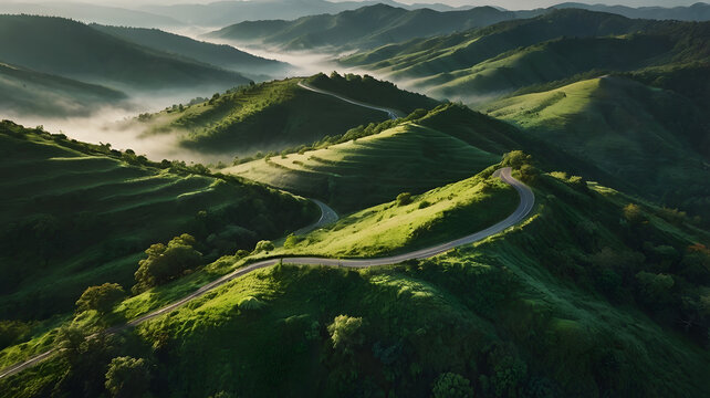 Morning mist over winding mountain road surrounded by vibrant green landscape