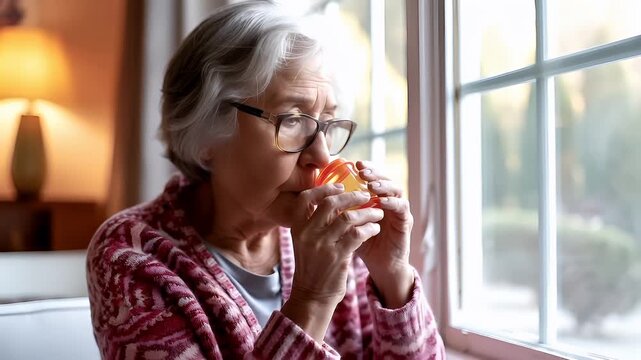 elderly woman with glasses and pink sweater looking out of window with yellow object in hand.
