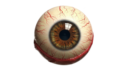 A close-up rendering of a detailed human eye, showing intricate veins and iris.