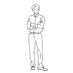 Full body line drawing illustration of a confident businessman standing with arms crossed
