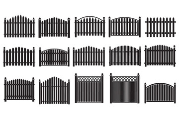 Collection of fence silhouettes with various designs and styles isolated on white background