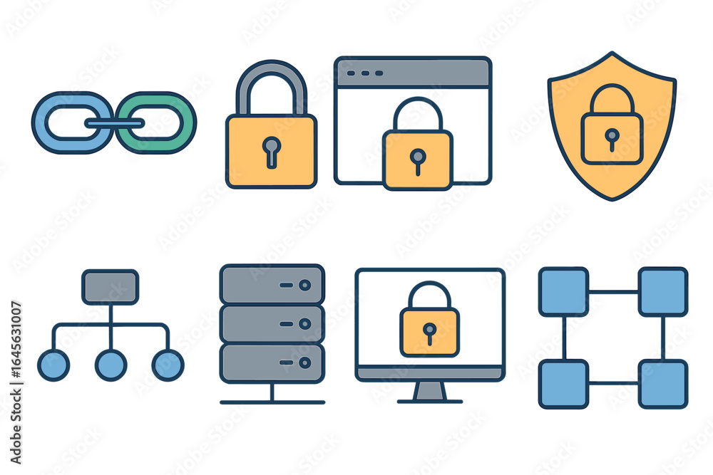 Poster cybersecurity vector icon set. web security, data protection, privacy, and encryption technology con