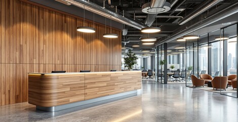 Modern business reception with wooden desk and glass office concept in high-rise building under natural light and industrial-style ceiling design. Ai generative
