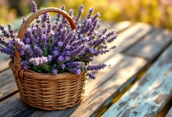 Woven Basket Filled with Fresh Lavender Bundles on Weathered Wooden Table Bathed in Warm Light of a Summer Afternoon
