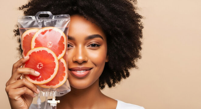 Rejuvenation, revitalization. Smiling African American woman, grapefruit slices in IV vitamin drip saline bag. Vitamin therapy, wellness, beauty., detox. World health day, National Nutrition Month - Powered by Adobe