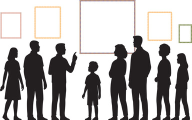 Silhouette of people visiting art gallery, looking at paintings and listening to the guides presentation