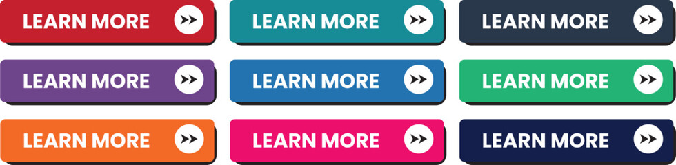Set of multicolored Learn More buttons with arrow icons