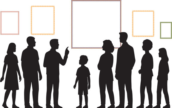 Silhouette of people visiting art gallery, looking at paintings and listening to the guides presentation