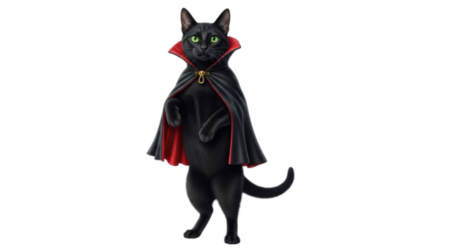 A black cat stands upright, wearing a red-lined black cape with a gold clasp, resembling a vampire.