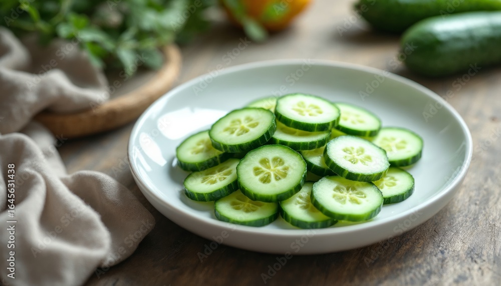 Poster freshly sliced cucumber arranged neatly on a white ceramic plate set against a rustic wooden table w