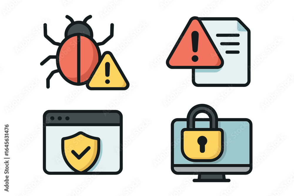 Poster cybersecurity icon set with vulnerability alerts and protection measures. includes computer virus bu