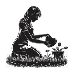 silhouette of a woman watering plants
