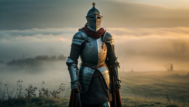 A knight in shining armor stands ready on a misty battlefield at dawn. - Powered by Adobe