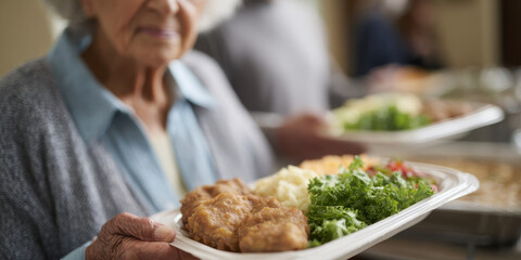Elderly woman holding plate of food at community event
