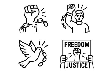Freedom and justice protest icon set. Breaking chains, raised fist, and activism symbols. Human rights movement, liberation, emancipation, and equality vector icons.
