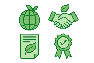 Eco-friendly icon set. Green sustainability symbols for environmental conservation. Planet globe, partnership handshake, policy document, and certified quality seal vector.