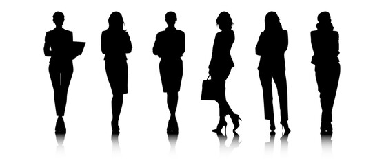 Silhouettes of Business women character in different poses. Business women in formal suit standing front, back, rear, side view, profile. Vector black illustrations on white background