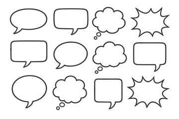 Fototapeta premium Variety of speech bubbles, thought clouds, and comic exclamation shapes. Vector graphic set for dialogue, communication, and messages. Blank cartoon pop art design elements.