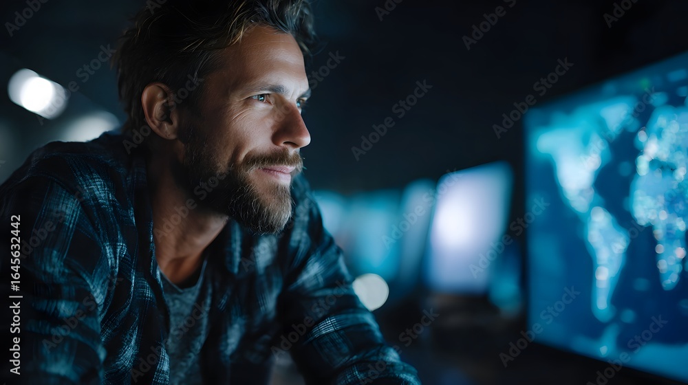 Poster logistics manager monitoring global shipment dashboard with digital control lighting and high