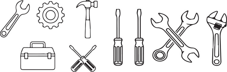 Outline illustration showing various tools including wrenches and hammer