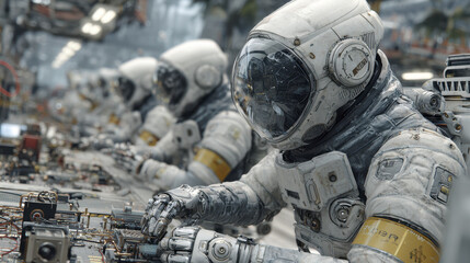 Astronauts in futuristic space suits working on intricate electronic components in high tech assembly line, showcasing advanced technology and precision craftsmanship