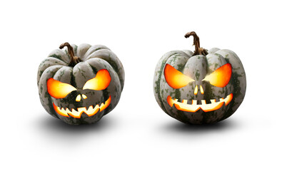 Two lit green, white and orange spooky halloween pumpkin, Jack O Lantern with evil face and eyes isolated against a transparent background