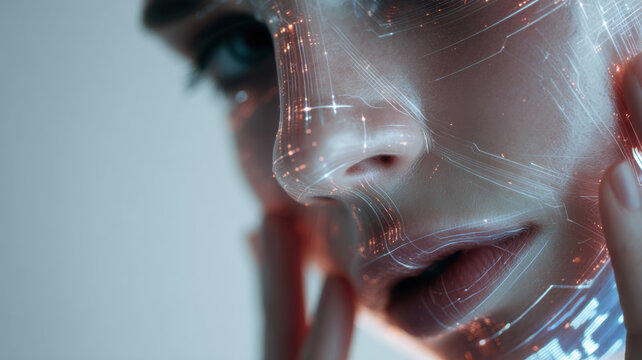 Futuristic mirror reflecting skin zones with digital overlay graphics